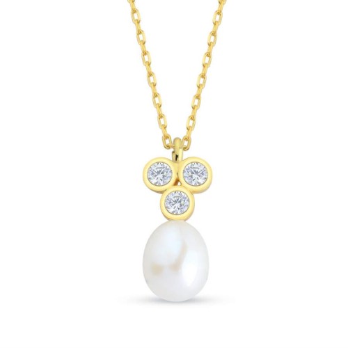 Stone Tria Drop Real Pearl Gold Women's Silver Necklace - CNG Jewels