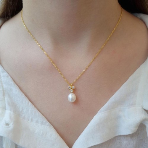 Stone Tria Drop Real Pearl Gold Women's Silver Necklace - CNG Jewels (1)