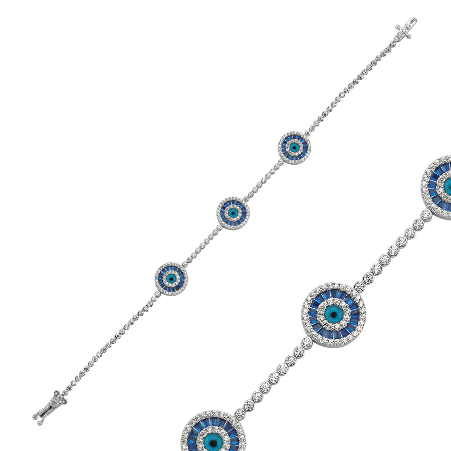 Triple Blue Baguette Evil Eye Beaded Silver Waterway Bracelet - CNG Jewels