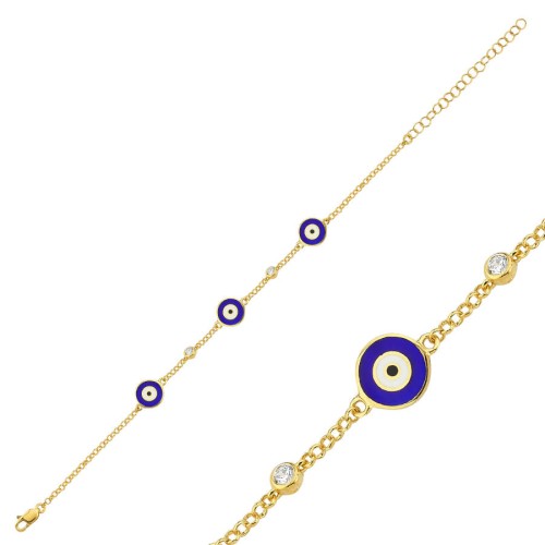 Triple Navy Blue Evil Eye Gold Women's Silver Bracelet - 1