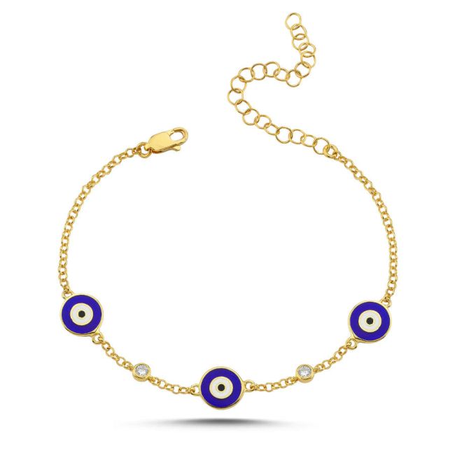 Triple Navy Blue Evil Eye Gold Women's Silver Bracelet - 2