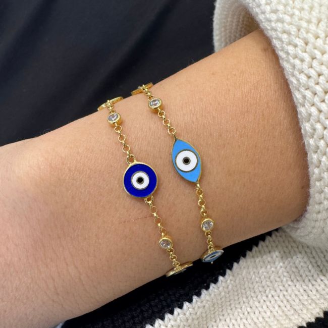 Triple Navy Blue Evil Eye Gold Women's Silver Bracelet - 3