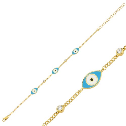 Triple Blue Eye Gold Women's Silver Bracelet 