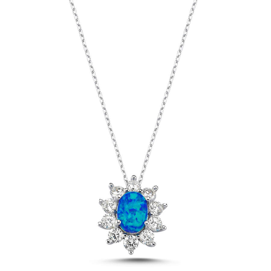 Vintage Oval Mavi Opal Anturaj Kadın Gümüş Kolye - CNG Jewels