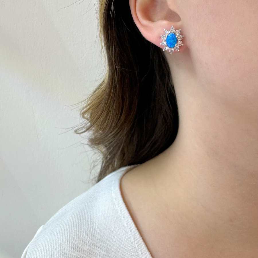 Vintage Oval Mavi Opal Anturaj Kadın Gümüş Küpe - CNG Jewels (1)