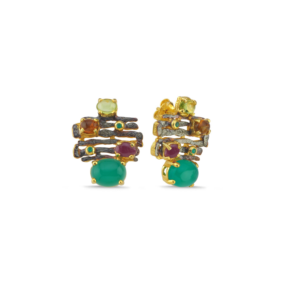 Yeşil Akik Taşlı Zikzak Tasarım Gümüş Küpe - CNG Jewels