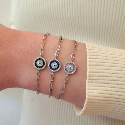 Green Baguette Evil Eye Beaded Silver Women's Bracelet - CNG Jewels (1)