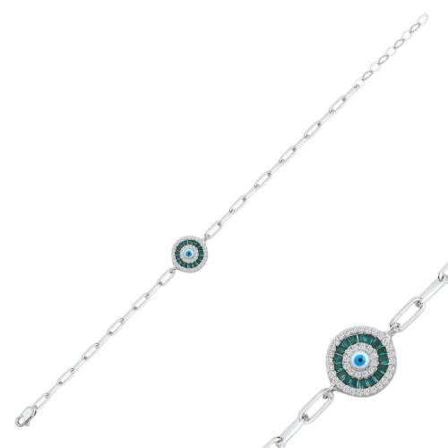 Yeşil Baget Nazar Boncuğu Göz Gümüş Bileklik - CNG Jewels