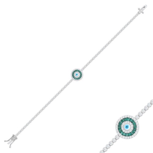 Green Baguette Evil Eye Beaded Silver Waterway Bracelet - CNG Jewels