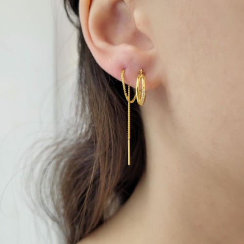 Zincirli Çift Halka Gold Gümüş Kadın Küpe - CNG Jewels